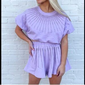 New Queen of Sparkles Pearl Lilac Purple 2 piece Crop Top Shorts Fleece set S XS